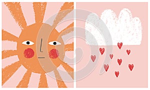 Infantile Style Vector Illustrations with Orange Sun, White Fluffy Cloud and Rain of Hearts.