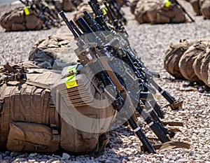 Infantry Backpacks and rifles at a US Marines Facilty in California