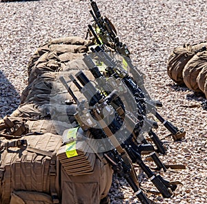 Infantry Backpacks and rifles at a US Marines Facilty in California