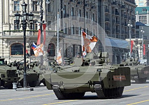 Infantry fighting vehicle BMP on medium tracked platform kurganets-25 for the parade rehearsal in Moscow.