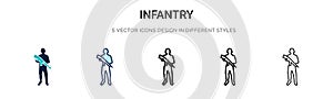 Infantry icon in filled, thin line, outline and stroke style. Vector illustration of two colored and black infantry vector icons