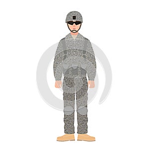Infantryman of USA armed forces wearing combat uniform, helmet and glasses. Soldier or serviceman in battledress