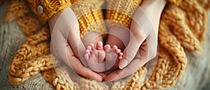 Infants Tiny Feet Cradled In Mothers Hands, Forming A Heart Shape