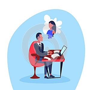 Infatuated businessman sitting office workplace thinking woman dream hard working concept cartoon character isolated