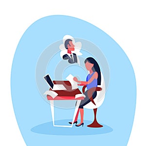 Infatuated businesswoman sitting office workplace thinking man dream working process concept cartoon character isolated