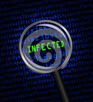 INFECTED in green revealed in blue computer machine code through a magnifying glass