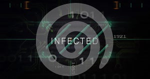 Infected text image over digital circuit board and binary code background