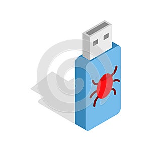 Infected USB flash drive icon, isometric 3d style