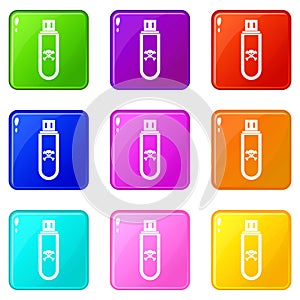 Infected USB flash drive icons 9 set