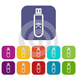 Infected USB flash drive icons set