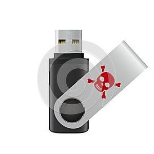 Infected USB flash drive on white background. USB flash drive virus icon.