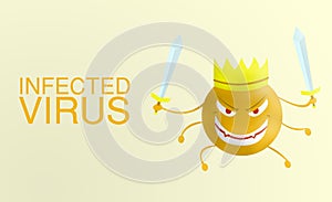 Infected virus - word Corona virus cartoon orange with sword isolated with color background. covid-19. Virus illustration. bad