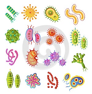 Infection bacteria and pandemic virus vector biology icons. Vector flat bacteria microbe iluustration. Micro organism