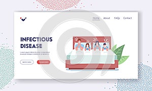 Infectious Disease Landing Page Template. Family Characters Caught Flu. Mom, Dad and Children Sitting in Bed Have Fever