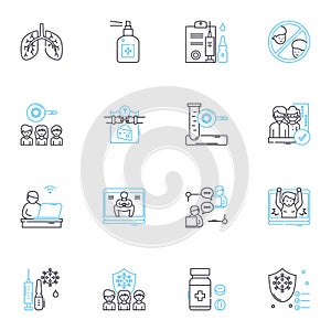 Infectious disease linear icons set. Virus, Bacteria, Fungi, Contagious, Epidemic, Outbreak, Pandemic line vector and