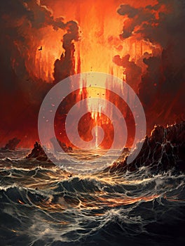 Infernal seascape, magma oceans fiery eruption at dusk. Generative AI