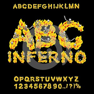 Inferno ABC. Hell font. Fire letters. Sinners in hellfire. hellish Alphabet. Scrape down flame for sins. torture skeletons