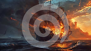 Inferno Afloat: Sailing Ship Engulfed in Flames Amidst Ocean Peril