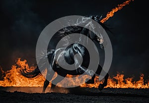 Inferno Charge: Black Horse Amidst Flames