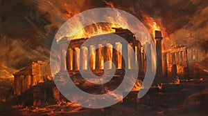 Inferno of Olympia: Evocative Depiction of a Greek Temple Blaze