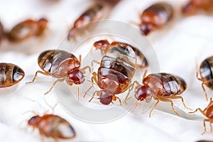 An infestation of bed bugs on white fabric