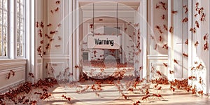 Infestation warning graphic depicting a room overrun by ants in a residential setting photo