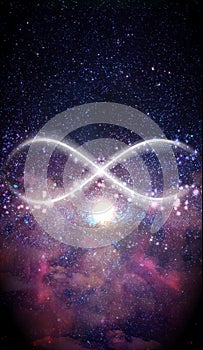 Neon light abstract infinity symbol, universe background, expansion photo