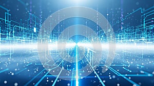 Infinite digital grid with glowing blue lines and binary code data streams abstract