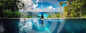 Infinite Edge Pool in a Tropical Paradise Overlooking the Ocean. A solitary figure immerses in the tranquil sea waters