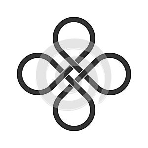 Infinite loop icon. Clover leaf knot. Endless loop sign. Celtic interlocking knot. Old ornament strip.