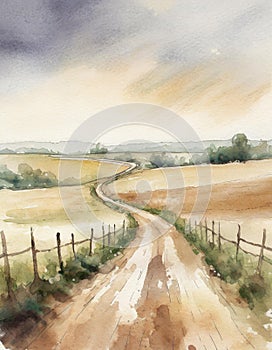 Infinite winding road in outdoor countryside landscape watercolor painting