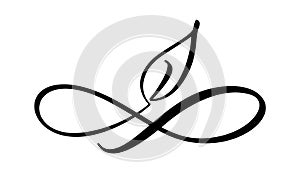 Infinity calligraphy vector illustration symbol with leaf. Eternal limitless emblem. Cycle endless eco life concept