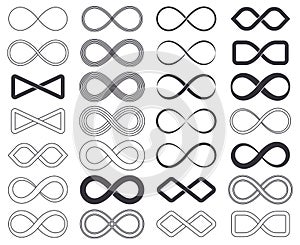 Infinity eternity unlimited symbols, limitless cyclical emblems. Outline infinity signs, unlimited eternity loop vector symbols