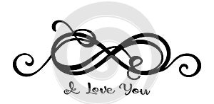 Infinity forever love symbol line art sign silhouette divider with swirls.