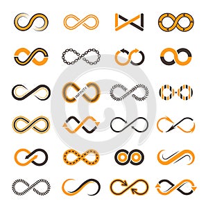 Infinity icons. Contouring shapes of eternity vector two-color symbols