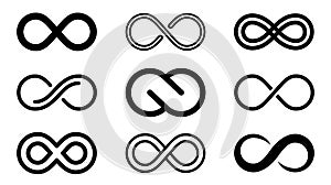 Infinity icons set isolated on white background. Eternal, limitless, endless, unlimited infinity symbols. Mobius line