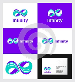 Infinity logo. Blue intertwining shapes, infinity, loopable twisted elements. Business card. Identity.