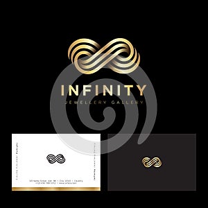 Infinity logo, consist of golden strips or ribbons. Infinity abstract emblem.