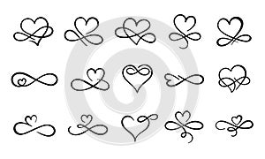 Infinity love flourish. Hand drawn heart decorative flourishes, love ornate tattoo design and infinity hearts vector set photo