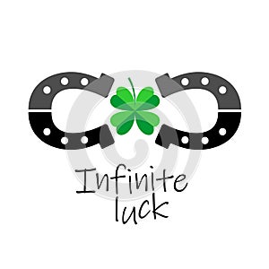 Infinity luck symbol. Two horseshoes with four leaves clover sign
