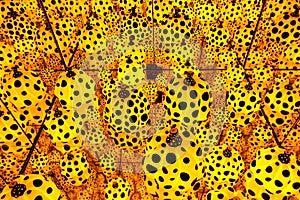 An infinity mirror room full with yellow and black polka dots pumpkins installation art by Japanese artist, Kusama Yayoi