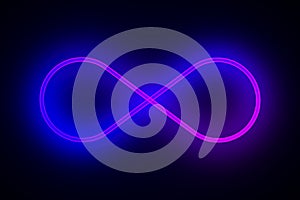 Infinity neon element on black background. 3D illustration rendering