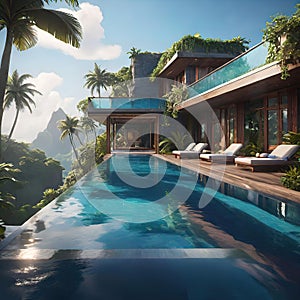 Infinity pool at a luxury tropical resort or villa, concept for a comfortable and luxurious resort holiday,