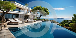 Infinity pool in luxury villa on the sea. 3d rendering. ia generated