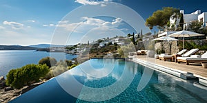 Infinity pool in luxury villa on the sea. 3d rendering. ia generated