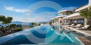 Infinity pool in luxury villa on the sea. 3d rendering. ia generated