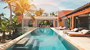 Infinity Pool with Mesoamerican Influenced Architecture and Palm Trees