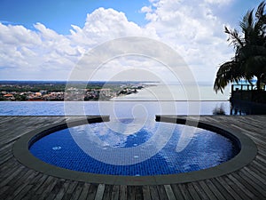 Infinity pool and ocean with blue sky and white clouds