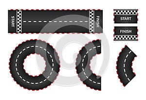 Infinity race. Track with start, finish and line on road. Curve and circle racetrack. f1 in street. Highway, asphalt, drift of car