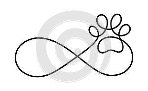 Infinity sign with cat or dog paw in continuous one line drawing logo. Minimal line art. Animal foorprint in heart. Pet